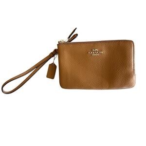 COACH 87590 Double Corner Zip Wristlet Wallet Medium Brown Leather Gold Tone